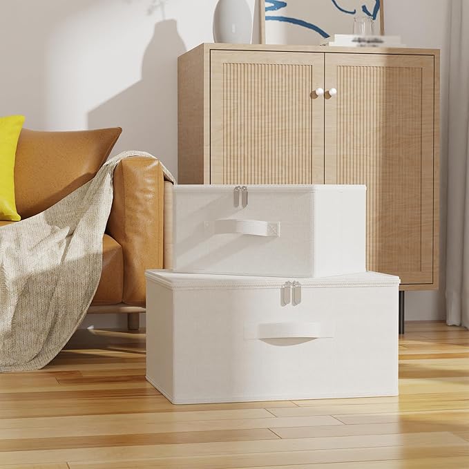Storage Bins with Lid, Cube Organizer Basket, Closet Boxes with Carrying Handles and Sturdy PP Support Plate, 2 Pack, White, 11.8 x 7.9 x 6.3 In, XSNY16WS-2