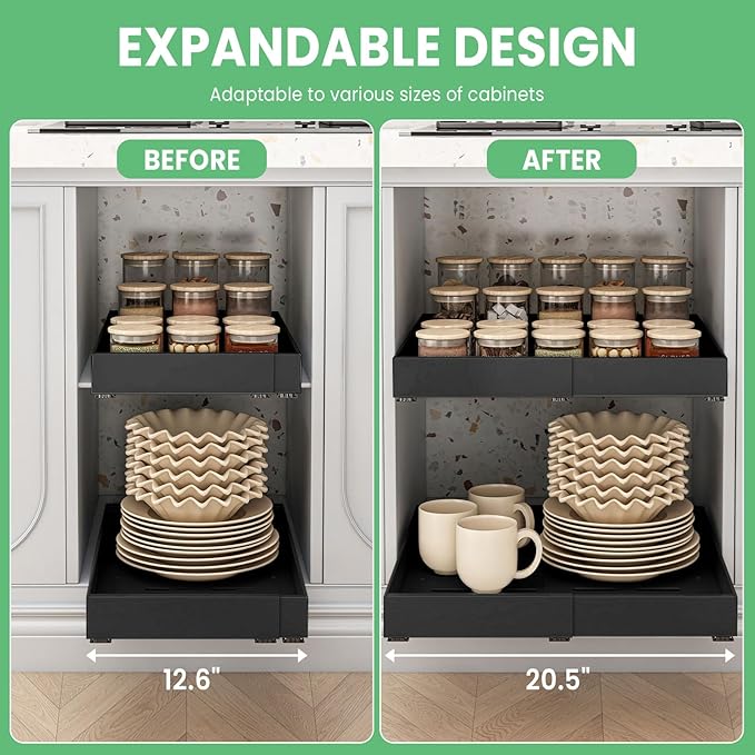 2 Pack Expandable Pull Out Cabinet Organizer, 21" Depth, for Kitchen Cabinets, Upgrade 3 Slide Slide-Out Drawers, Adjustable Width 12.05" - 20.5", Black