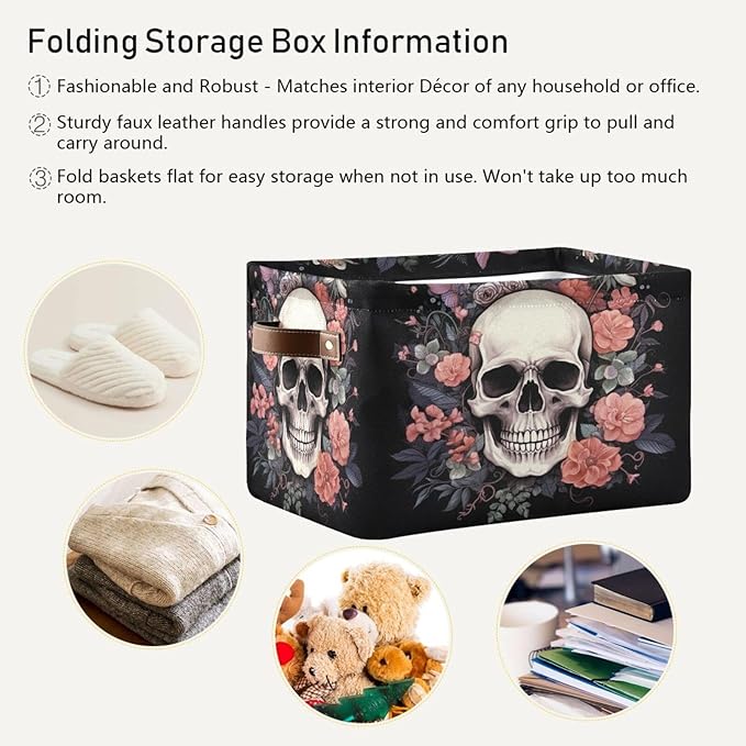 Halloween Basket Black Rose Skull Baskets with Handles Collapsible Organizer Box Shelf Storage Baskets for Holiday Home Decor 1PC