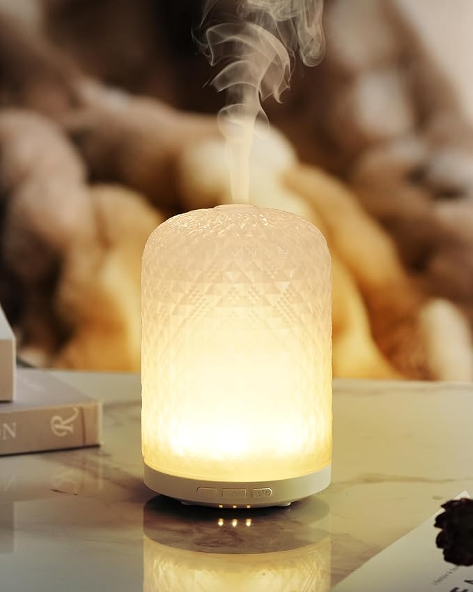 Essential Oil Diffuser - 2.4MHz Ultrasonic Glass Diffuser for Home, 120ml, Pulse&Continuous Mist, Bright/Dim/Breathing Lighting, Waterless Auto-Off, Aromatherapy Diffuser with USB Cable