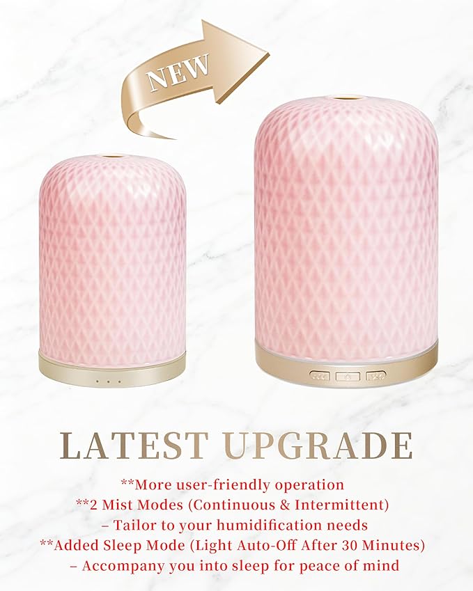 Essential Oil Diffuser -2.4MHz Ultrasonic Pink Ceramic Diffuser for Home,120ml, Pulse&Continuous Mist, Bright/Dim/Breathing Lighting, Waterless Auto-Off, Aromatherapy Diffuser with USB Cable