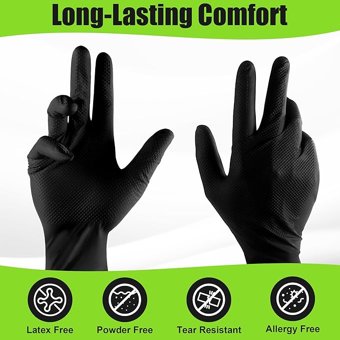 TREEGO Black Nitrile Gloves 10 Mil Heavy Duty Rubber Gloves - Raised Diamond Texture Grip for Mechanics & Industrial Work - Latex Free Disposable Gloves in Medium, 50 Count