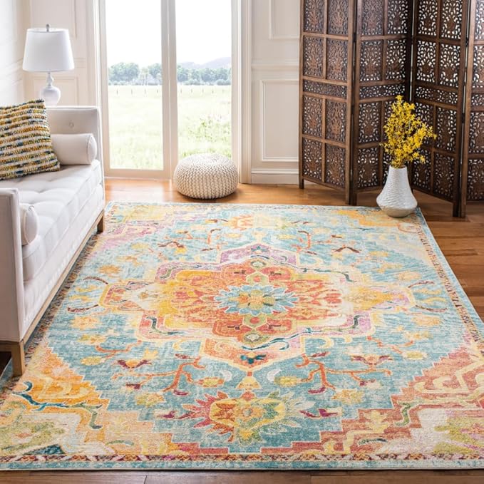 SAFAVIEH Crystal Collection Area Rug - 10' x 14', Orange & Teal, Medallion Distressed Design, Non-Shedding & Easy Care, Ideal for High Traffic Areas in Living Room, Bedroom (CRS501K)