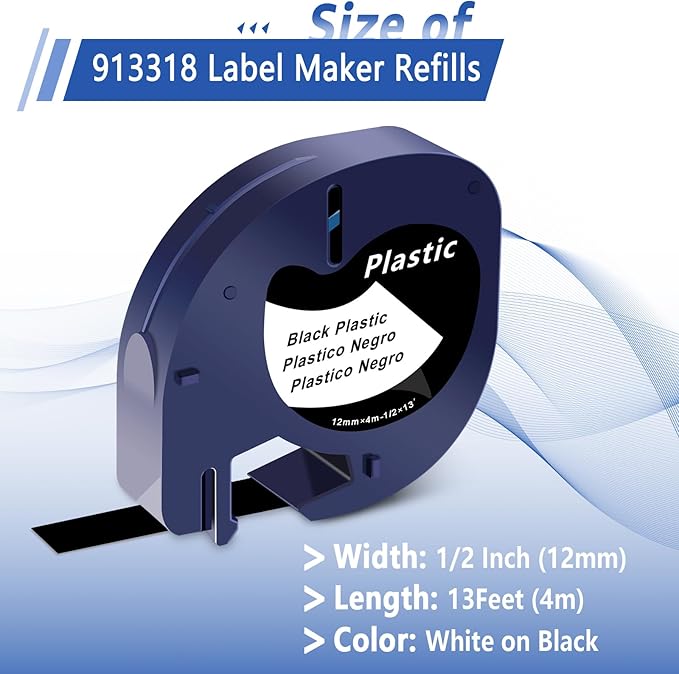 6 Pack Compatible for Dymo Label Maker Refills 913318 White on Black Plastic Label Maker Tape 12mm x 4m (1/2" x 13') for Dymo Letra Tag Refills 200B LT100H LT100T LT110T