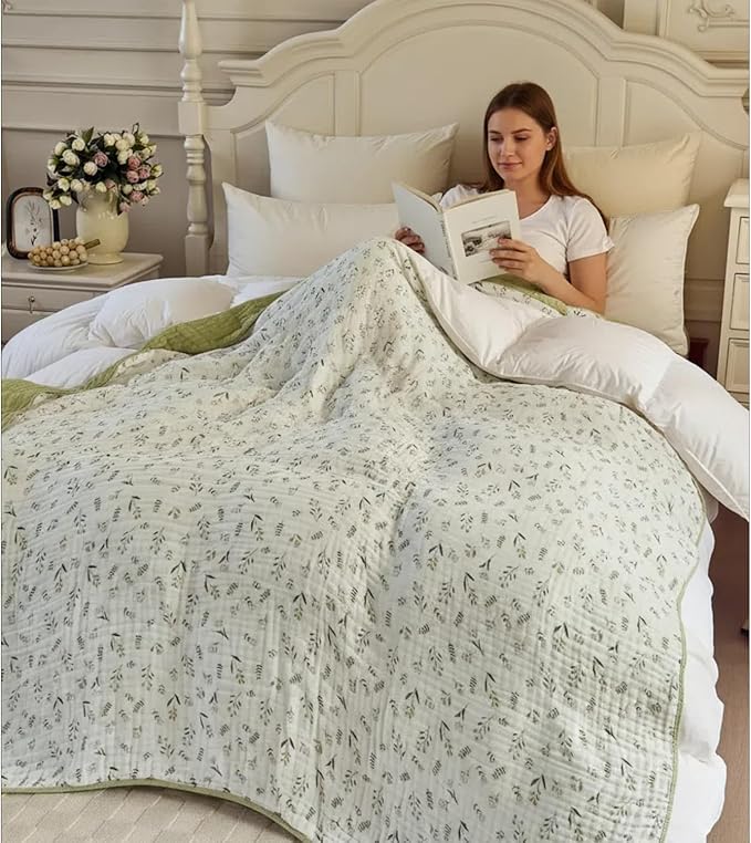 Muslin Blankets 100% Cotton 6-Layer Gauze Floral Pattern Throw Blanket Lightweight Soft and Breathable King Blanket for Sofa Couch Bed Coverlet Both Sides (Leaves Green, King 90" X 104")