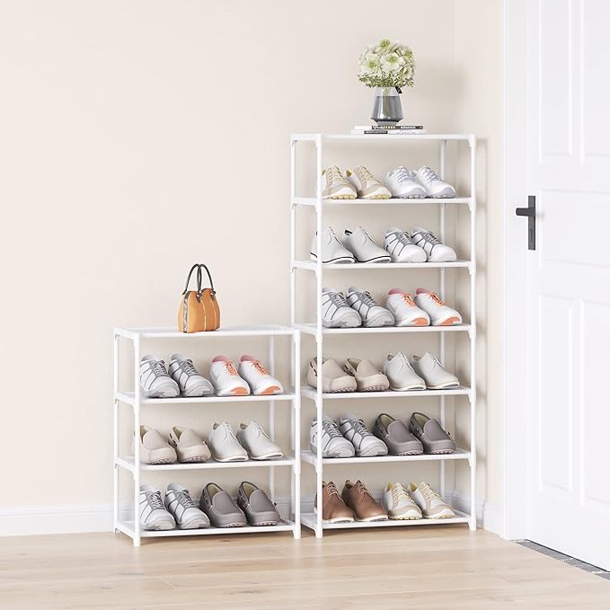 4-Tier Small Shoe Rack .Stackable Shoe Shelf Storage Organizer for Entryway Hallway Closet Bathroom Living Room (1-White)