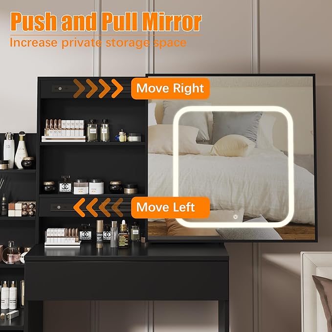 Vanity Desk with Sliding LED Mirror, Makeup Dressing Table with 4 Drawers, Storage Shelves, Power Outlet & Cushioned Stool, Adjustable 3 Lighting Modes, Modern Vanity Set for Bedroom, Black