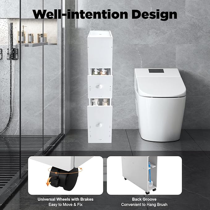 4-Tiers Small Spaces Cabinet for Bathroom, Narrow Toilet Side Organizer with Toilet Paper Slots and 2 Drawers, 4 Movable Wheels, PVC Material, BPA Free