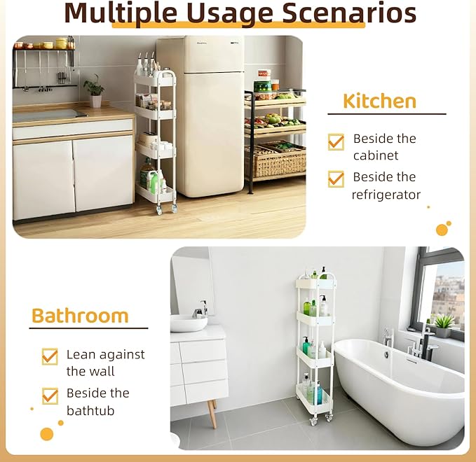 4 Tier Slim Kitchen Storage Cart for Narrow Space, 7.1'' Wide Metal Rolling cart with Wheels and Lockable Casters, Sturdy Mobile Thin Shelf for Laundry Room Between Washer and Dryer, White