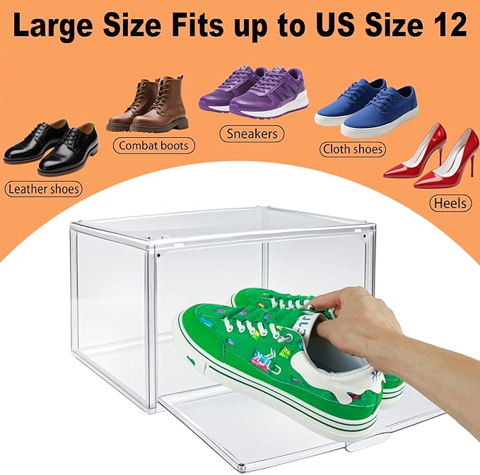 12 Pack Acrylic Sneakr Shoe Display Case, Size 12.5 Shoe Storage Boxes Clear Stackable Purse Handbag Organizer Under Bed Storage Bins with Magnetic Lids