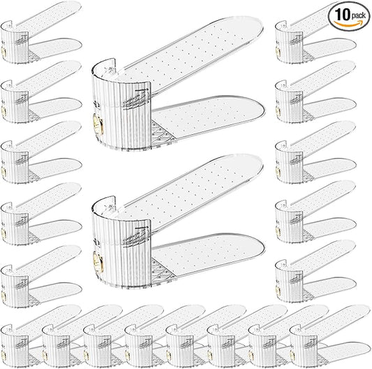 Adjustable Slot Organizer for Pairs of Shoes, Space Saver, Double Deck Riser Rack, Closet Organizer (Clear, 20 Pack)