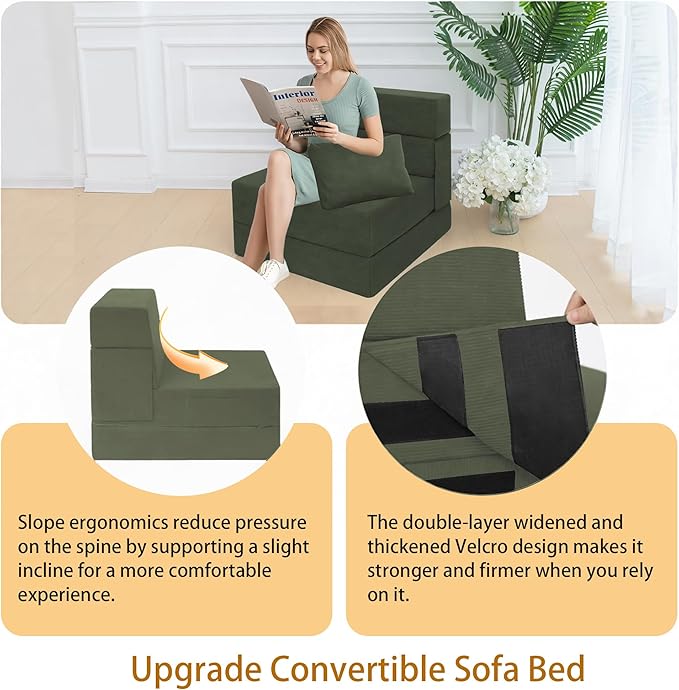 Sofa Bed Foldable Mattress ，Folding Sleeper Sofa Chair Bed Floor Mattress with Pillow for Living Room Home Office (Green-Corduroy, Single)