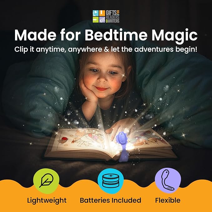 Gifts for Readers & Writers Book Light for Kids, Clip On Reading Light for Bed, 2in1 Flexilight Pals & Bookmark, Small & Lightweight with a Soft Glow, 2 Batteries Included, Dino Purple