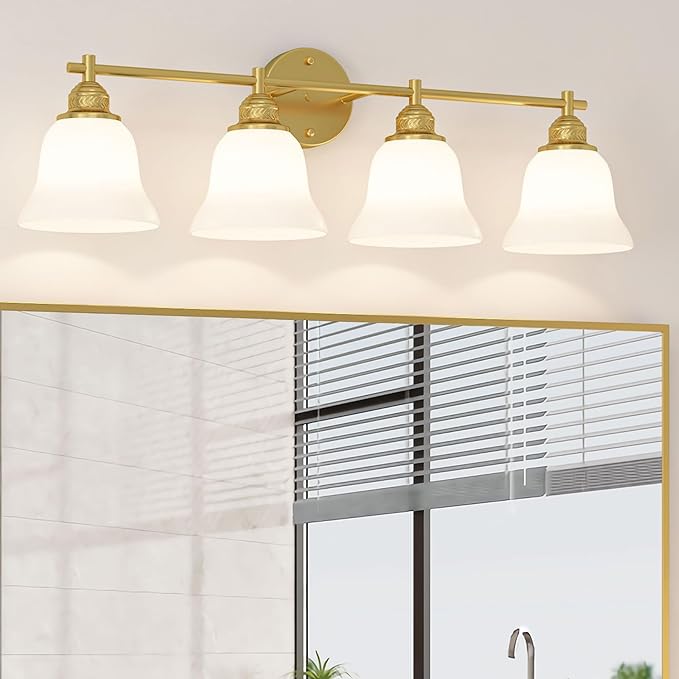 Gold Bathroom Vanity Light Over Mirror - 4 Light Wall Sconce with Frosted Glass Shades, Mid Century Farmhouse Bathroom Light Fixtures for Bedroom, Hallway (Gold Finish)