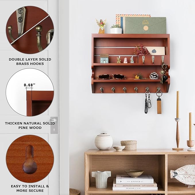 Handcrafted Solid Wood Key Holder for Wall - Artisan Hand-Sprayed Finish & Smooth Edges - Decorative Entryway Organizer, Rustic Wall Mount Key Holder for Home Decor, Sturdy, Auburn