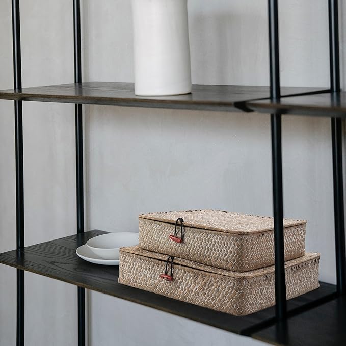 DOKOT Whitewash Flat Seagrass Storage Bins with Lid, Wicker Basket for Shelf Organize, Set of 2 (Small+Large)