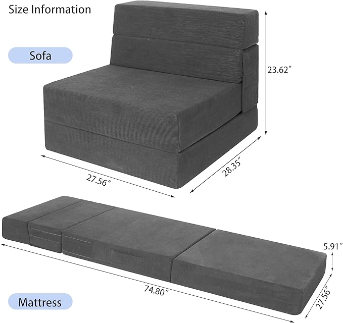 Sofa Bed Foldable Mattress ，Folding Sleeper Sofa Chair Bed Floor Mattress with Pillow for Living Room Home Office (Dark Gray -Corduroy, Single)