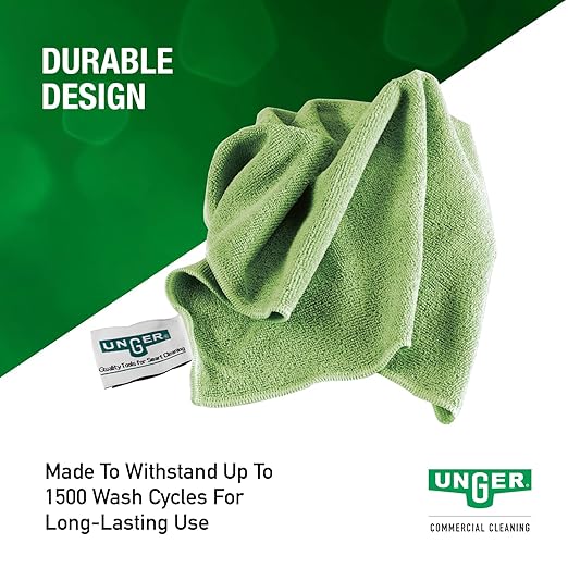 Unger Commercial Microfiber Cleaning Cloth, 10 Pack - MicroWipe 4000 Heavy Duty, 16" x 15", Green - Streak-Free, Multi-Surface Cleaning - MF400