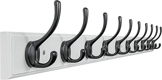 Dseap Coat Rack Wall Mounted: 10-Hooks, 38-1/4" Long, 16" Hole to Hole, Wood Coat?Hooks Wall Mounted, Hook Rack, Hook Rail, Hooks for Hanging Coats, White & Black