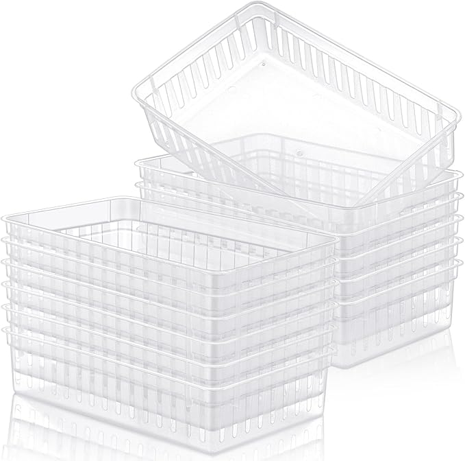 Wenqik Set of 12 Small Plastic Baskets for Organizing 10.24 x 6.5 x 2.36 Inch Pharmacy Baskets Rectangular Trays Plastic Organizer for Office Pharmacy Dorm Kitchens, Closets Shelves(Clear)