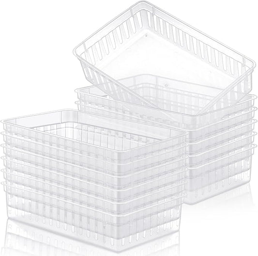 Wenqik Set of 12 Small Plastic Baskets for Organizing 10.24 x 6.5 x 2.36 Inch Pharmacy Baskets Rectangular Trays Plastic Organizer for Office Pharmacy Dorm Kitchens, Closets Shelves(Clear)