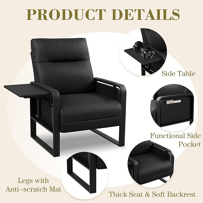 Black PU Leather Accent Chairs Set of 2 with Side Table Modern Upholstered Armchair Leisure Chairs for Living Room Bedroom Office Club Chair
