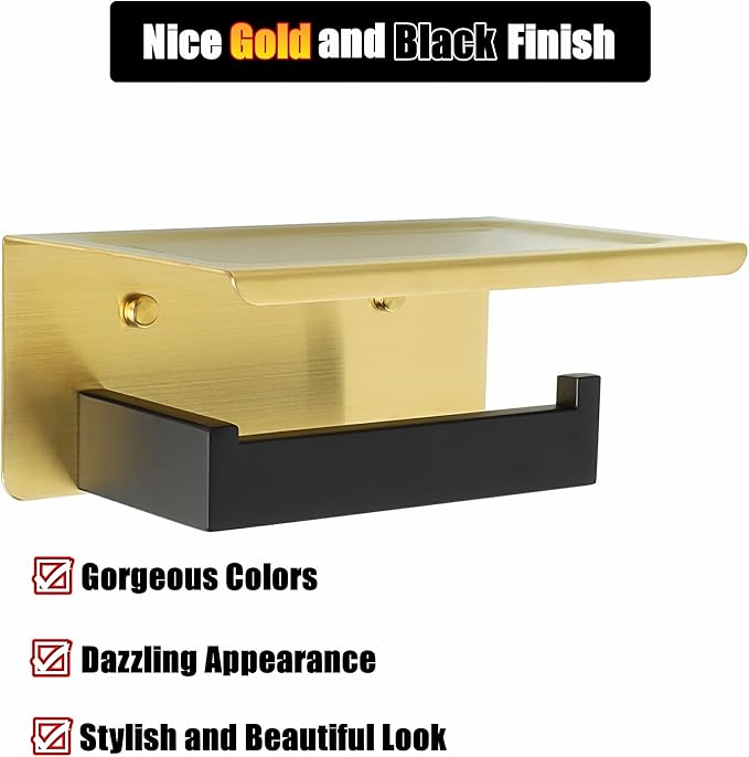Alise Toilet Paper Holder with Shelf,SUS304 Stainless Steel Toilet Paper Roll Holder Bathroom Tissue Holder Storage Dispenser,Self Adhesive or Wall Mount Drilling,Gold and Black Finish