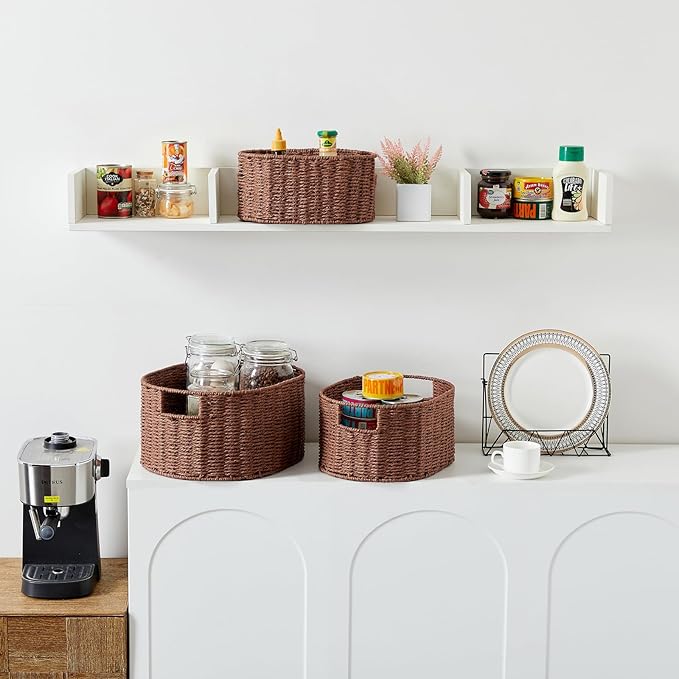Vagusicc Wicker Storage Basket, Set of 3 Hand-woven Storage Baskets for Organizing, Round Large Wicker Baskets for Storage Decor, Pantry Storage Cubes Organization Baskets for Shelves, Brown