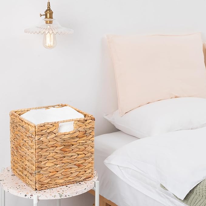 Wicker Storage Cubes, Water Hyacinth Storage Baskets with Handles & Liners, Natural Foldable Square Storage Baskets for Shelves, Wardrobes 10.3x10.3x10.7 Inch, Set of 2