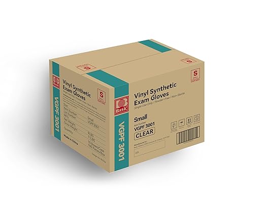 Basic Medical Clear Vinyl Exam Gloves - Latex-Free & Powder-Free - VGPF-3001(Case of 1,000), Small