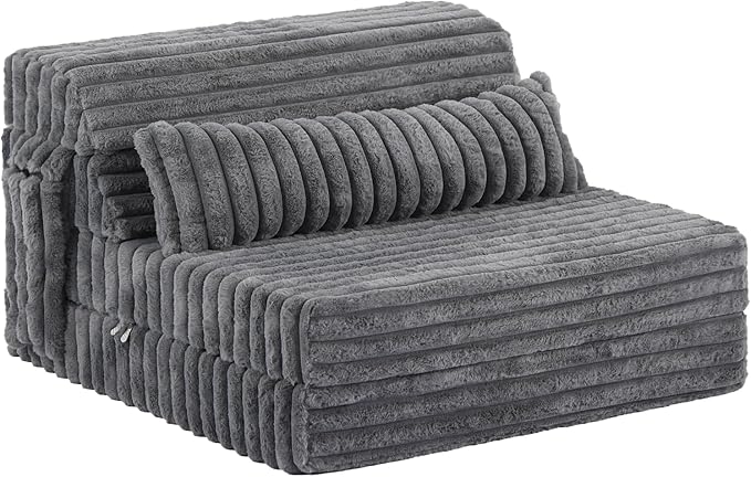 Tiita Folding Sofa Bed Twin Size, Convertible Sleeper Chair Mattress with Pillow, Thick Corduroy Floor Mattress Couch Bed with Side Pocket, Guest Room, Dorm, Apartment, Grey