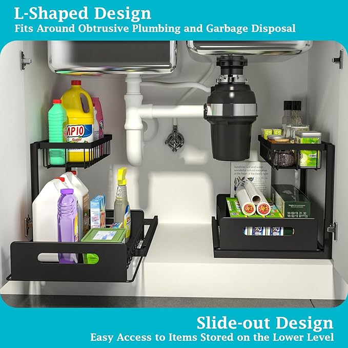 Pull Out Under Sink Organizer, Slide Out Sink Shelf Cabinet Storage for Kitchen Bathroom, Black, 2 Pack