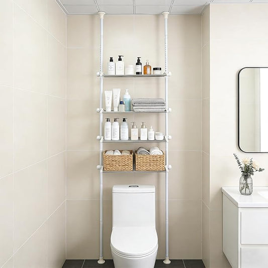 4 Tier Over The Toilet Storage 97-116” Over Toilet Bathroom Organizer with Adjustable Shelf Slim Behind Toilet Shelf for Toilet Paper Towel Plants (White)