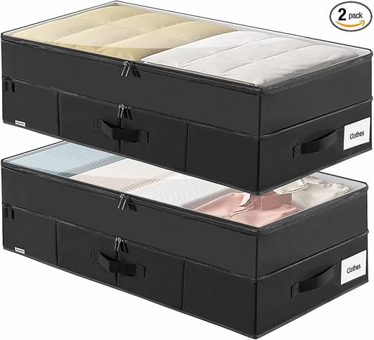 Large Under Bed Storage Containers, 2-Pack Double Layer Underbed Storage Bins with 3 Handles, 70L Extensible/Closed Clothes Storage Organizer with Sturdy Bottom Sidewalls, Black