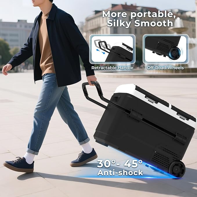 AS 12 Volt Refrigerator, 63QT(60L) Dual Temperature Zone Electric Cooler with Wheels, Portable Freezer 12V/24V DC 110-240V AC, -4℉-68℉ Car Fridge for Car, Marine, Home, Outdoor, etc