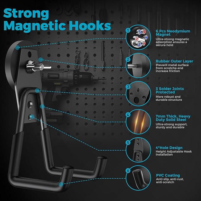 4 Pack Large Strong Magnetic Hooks Heavy Duty Garage Big Magnet Hooks Extra Strength Magnetic Utility Storage Hook Hanger with Anti Slip Coating for Garden Indoor Outdoor Hanging Tools Black