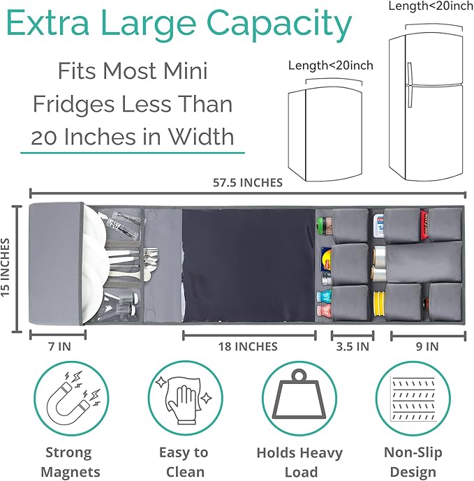 Mini Fridge Organizers and Storage - College Dorms Must Haves - Large Pockets with Dividers Holds Pantry Goods, Utensils, Paper Towel, Plastic Wrap Ideal Mini Fridge Shelf for Dorm and Office (Grey)…