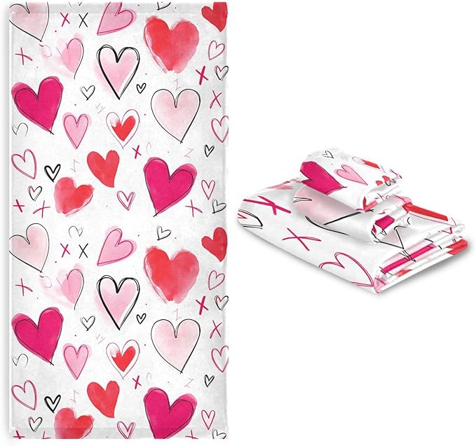 Doodle Romantic Pink Heart Towels Set of 3 Romantic Pink Red Love Spring Bathroom Towel Soft Absorbent Bath Hand Towels Washcloth Guest Towel Sets Mother's Valentine's Day Decorations
