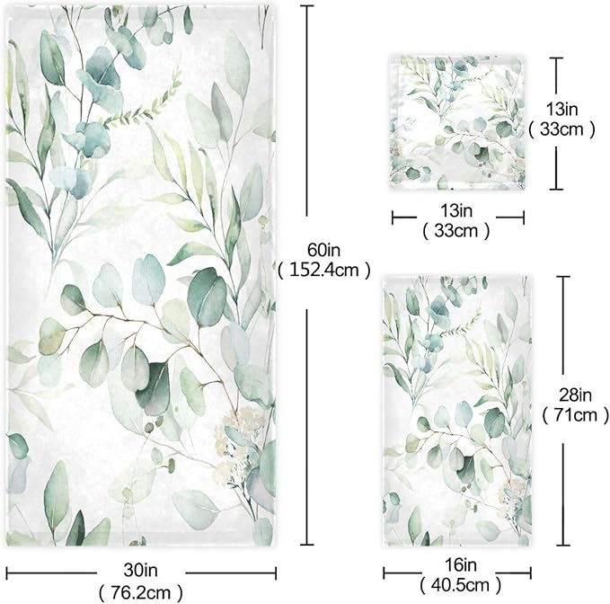 3 Piece Sage Green Eucalyptus Bath Towels Set,Microfiber Absorbent Vintage Watercolor Leaves White Floral Towels for Bathroom,1 Bath Towel,1 Hand Towel,1 Washcloth,Decorative Bathroom Towels