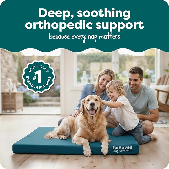 FurHaven Water-Resistant Orthopedic Dog Bed for Large Dogs, Oxford Polycanvas Mattress with Orthopedic Egg Crate Foam for Joint Support, Removable Washable Cover, Jumbo/XL, Deep Lagoon