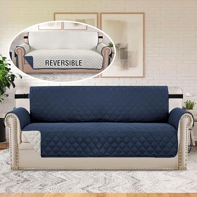 H.VERSAILTEX Reversible Couch Cover Sofa Cover Water Resistant Furniture Protector for Dogs Non Slip Couch Cover with Elastic Strap Machine Washable Sofa Slipcover Seat Width to 66"(Sofa, Navy/Beige)