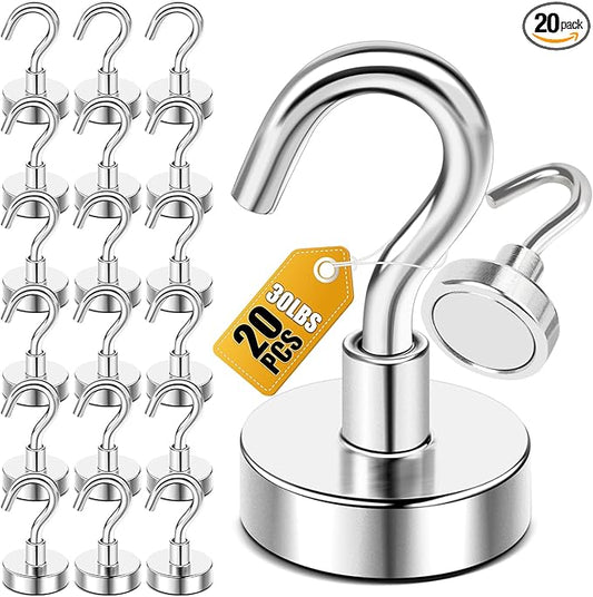 DIYMAG Magnetic Hooks, 30lbs+ Magnet Hook 2025 Cruise Cabin Ship Essentials Heavy Duty Strong Magnets Refrigerator Fridge Hanging for Classroom Beach Vacation Kitchen Grills Home 20 Pack (Silver)