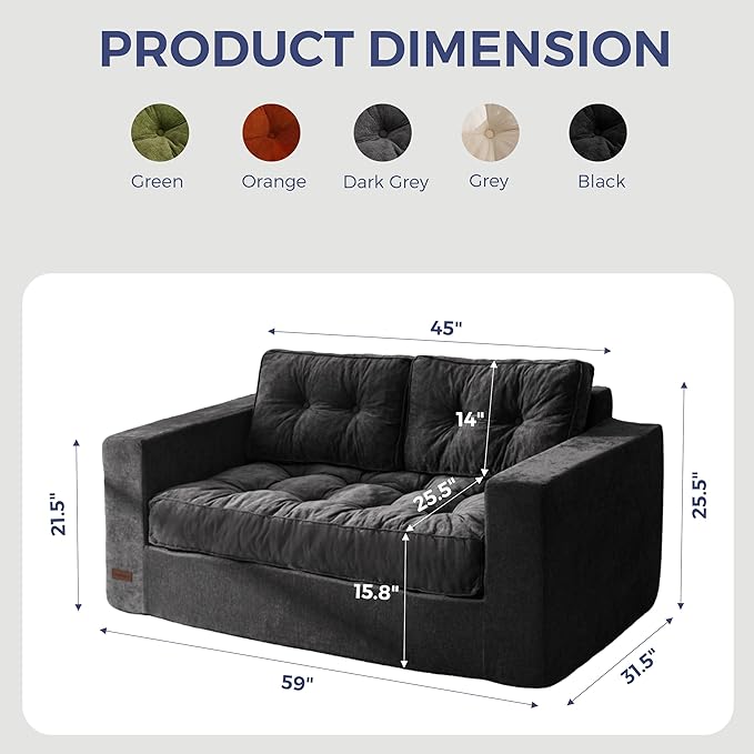 MAXYOYO Boneless Sofa Couch, Loveseat Sofa for Small Space, Tufted 2-Seater Floor Couch Bean Bag Chair for Living Room Bedroom Apartment, Sofa in a Box, No Assembly Needed, Black