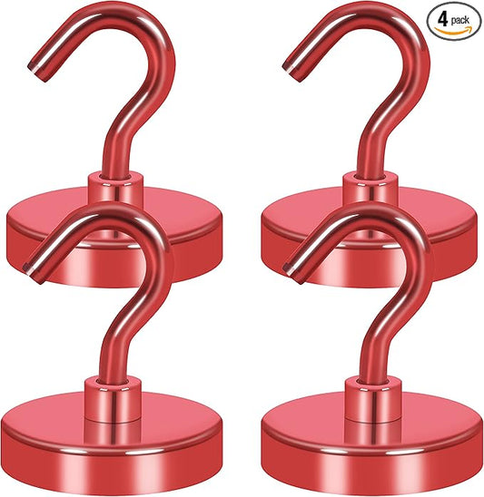 Neosmuk Magnetic Hooks Heavy Duty, Strong Magnet with Hook for Fridge, Super Neodymium Extra Strength Industrial Hooks for Hanging, Magnetic Hanger for Toolbox, Cruise, Grill(Red,4 Pack)