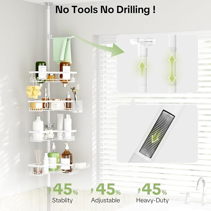 Corner Shower Caddy Tension Pole, 4 Tier Rustproof Shower Tension Rod Organizer with Soap Holder & Hooks, Adjustable 30-121 Inch Bathroom Shelf for Renters - Family Stand Storage Rack, White