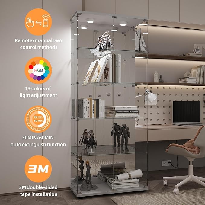 LFT HUIMEI2Y Glass Display Cabinet 5-Shelf with LED Light, Mirror and Lock, 2 Door Curio Cabinets, Tempered Glass Collection Display Showcase for Bedroom, Living Room White