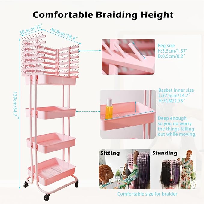 Braiding Hair Rack with 196 Pegs, Hair Extension Holder with 4 Tiers Storage Cart, Elegent Pink Braiding Rack Stand for Hair Braider, Sturdy Hair Rack for Salon, Home, Beauty School