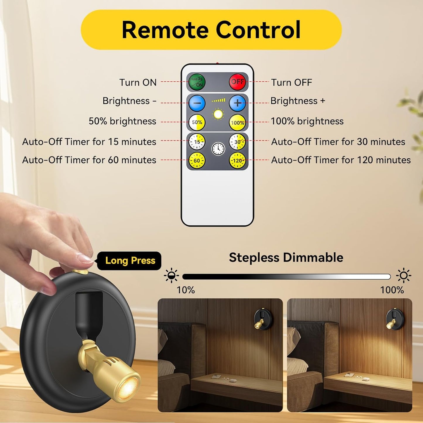 Wireless Rechargeable LED Spotlight – Dimmable Accent Light with Remote & Timer