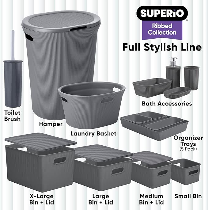 Decorative Plastic Basket Lidded Home Storage Bins Organizer Baskets, Large Grey (1 Pack - 15 Liter) Stackable Container Box, for Organizing Closet Storage Bins for Shelves - Ribbed Collection