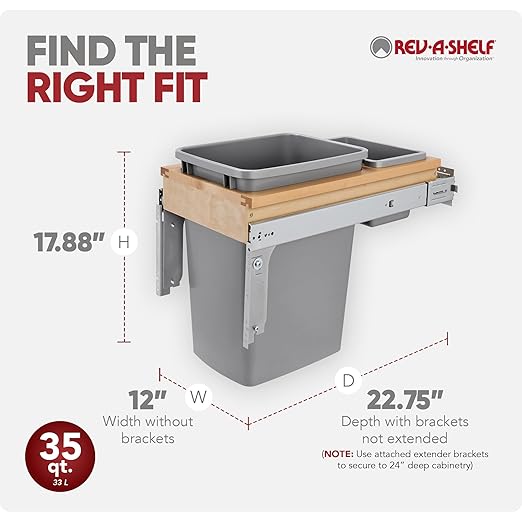 Rev-A-Shelf Top Mount Single Pullout Under Cabinet 35 Quart Kitchen Trash Cans w/ Soft-Close, 150 Pound Rated Full-Extension Slides, 4WCTM-12BBSCDM1